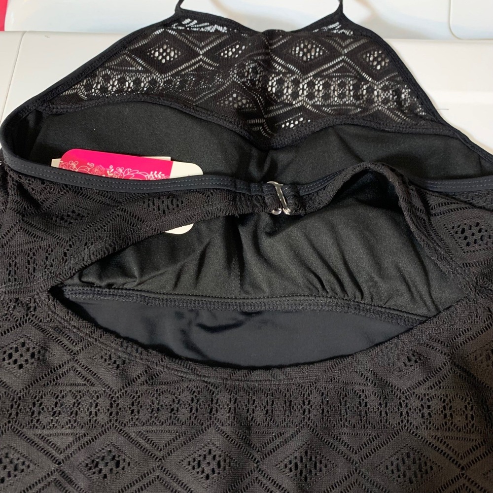 NWT Hula Honey One Piece Swimsuit XL Black Crochet Lace High Neck Cutout Witchy - Picture 6 of 8